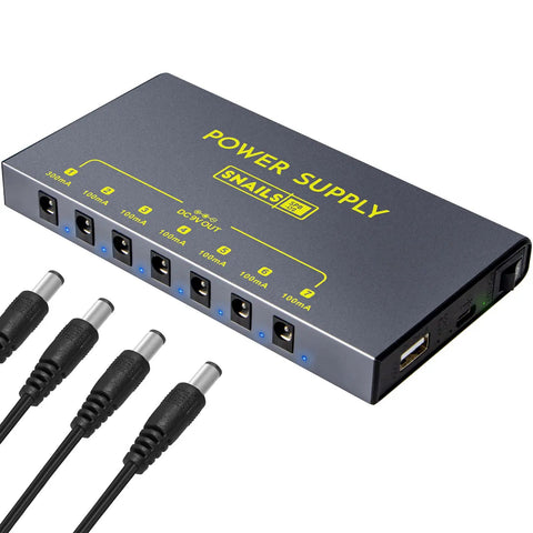 Portable Guitar Pedal Power Supply with Seven Isolated DC Outputs and Built In 3.7V 10000mAh Battery, cables shown