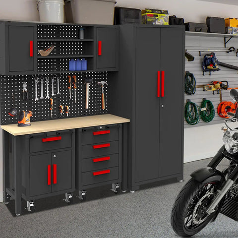 Six Piece Garage Storage Cabinet System With Steel Drawers, Rolling Chest, Heavy Duty Workbench, Pegboard, And Wall Cabinets