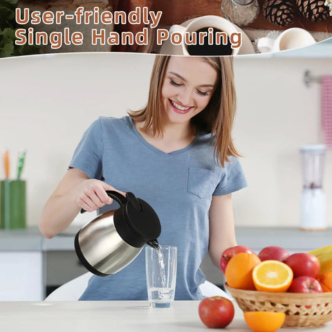 User-friendly single hand pouring from Set Of Two Heavy Duty Thermal Coffee Carafe And Creamer Pitcher In Sleek Silver Finish.