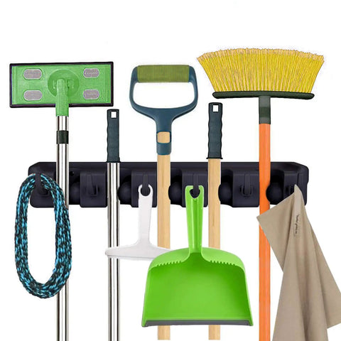Heavy Duty Mop And Broom Holder Wall Mount Tool Organizer For Home Garden Garage Storage With Five Positions And Six Hooks Black