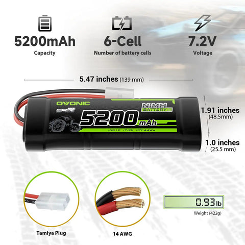 7.2V 5200mAh NiMH RC Battery, 6 Cell Pack With Tamiya Connector, dimensions and features, for RC cars and trucks