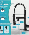 RNDIOZD LED Kitchen Faucet with Pull Down Sprayer, 2-Spout, Matte Black size guide showing measurements and installation details.