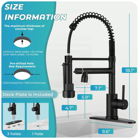 RNDIOZD LED Kitchen Faucet with Pull Down Sprayer, 2-Spout, Matte Black size guide showing measurements and installation details.