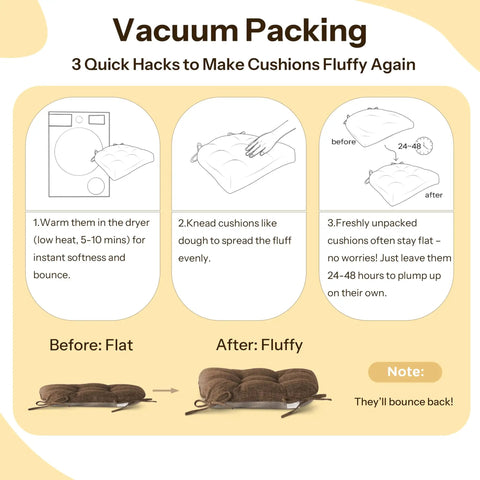 Non Slip Dining Chair Cushions Set Of 4 18x18x3 Tufted Coffee Chair Pads With Ties showing vacuum packing instructions