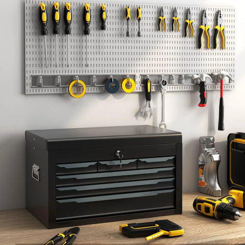 Large Metal Tool Box With Six Drawers And Top Tray, Heavy Duty Steel Chest With Auto Locking Drawers And Side Handles For Garage, Shop And Workbench, Black shown on a workbench.