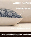 Floral Pillow Covers 18x18 Vintage Block Print Throw Pillow Covers In Neutral Dusty Blue For Living Room Farmhouse Style Cozy Homey Couch Decor Accent Sofa Pillows, front floral print, natural cotton back