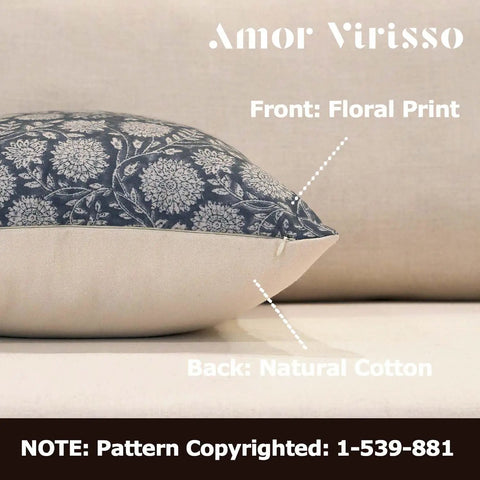 Floral Pillow Covers 18x18 Vintage Block Print Throw Pillow Covers In Neutral Dusty Blue For Living Room Farmhouse Style Cozy Homey Couch Decor Accent Sofa Pillows, front floral print, natural cotton back