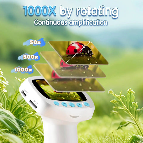 Kids Digital Handheld Microscope With 2 Inch IPS Screen And 1000x Magnification, Video Camera For STEM Learning, Wonder Quest Educational Toy, Magnifier For Bugs, Cool Birthday Gift For Boys And Girls showing ladybug zoom levels