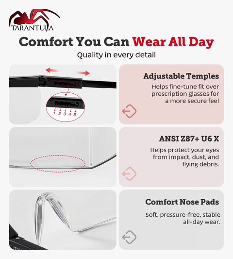 Anti-Fog Safety Glasses With Scratch-Resistant Wraparound Lenses, focus on adjustable temples and comfort nose pads.