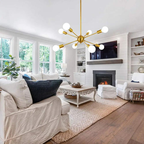 Gold Sputnik Light Fixture With 8 Lights, Modern Brass Chandelier, illuminating elegant living room space, adjustable height.
