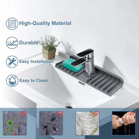 Silicone Sink Splash Guard Behind Faucet Drip Catcher Mat Keeps Counters Dry Countertop Saver 14.5x5.4 inch in use in sink
