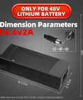54.6V 2A Fast Electric Bike Charger For 48V Batteries, UL certified with dimensions, plug, and connector details visible