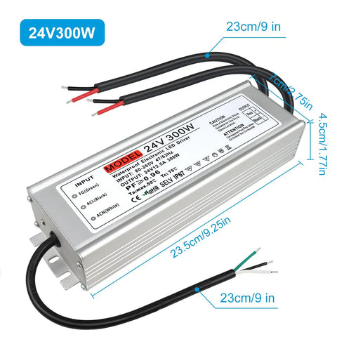 All Weather 24V 300W Outdoor IP67 LED Power Supply Driver from 100 to 265V AC to 24V DC aluminum housing with cables