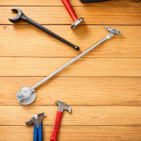 Beefy Heavy Duty Cabinet Door Support Rods Set For Kitchen Cabinets on wooden background with assorted tools, iron material.