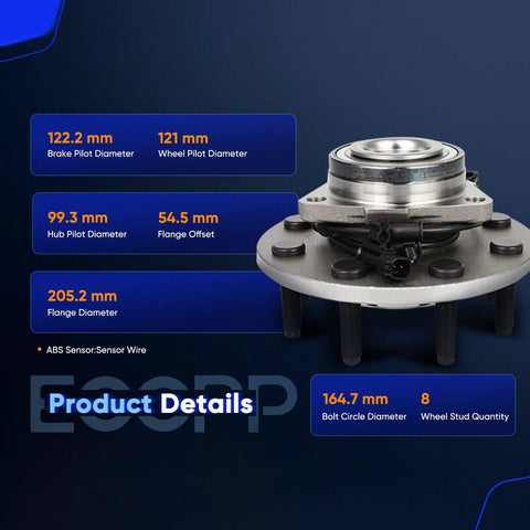Front Wheel Hub Bearing Assembly For Dodge Ram 1500 2006-2008 RWD 8 Lug 4.7L 5.7L With ABS Sensor Wire specs