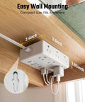 25Ft Heavy Duty Extension Cord With Flat Plug Surge Protector Featuring Six Power Outlets Dual Usb C And Dual Usb A Ports Delivering Pd20W Fast Charge mounted under a shelf.