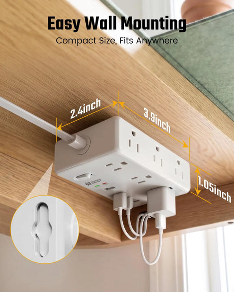 25Ft Heavy Duty Extension Cord With Flat Plug Surge Protector Featuring Six Power Outlets Dual Usb C And Dual Usb A Ports Delivering Pd20W Fast Charge mounted under a shelf.