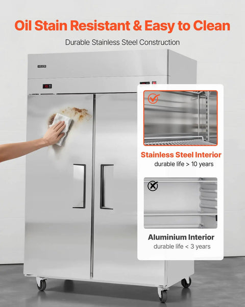 Top Shelf Commercial Refrigerator And Freezer Combo 48 Inch Wide 32 Cubic Feet stainless steel exterior being cleaned.