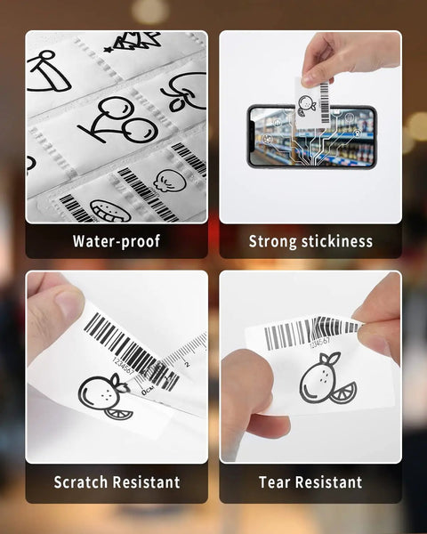 Heavy Duty Thermal Sticker Label Paper For M120 M110 M220 M250 M150 Label Makers showing various label qualities like waterproof and tear resistant.