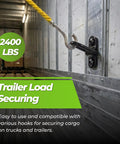 Lock Down Your Rig With 10 Piece 1/4 Inch Steel D Ring Tie Down Anchors 2400 Lbs Heavy Duty Muscle Surface Mount Lashing Hooks To Secure Truck Bed Trailer Van Atv And Boat Cargo Through Rough Terrain Finished In Black, showing trailer load securing with a hook and steel mount.