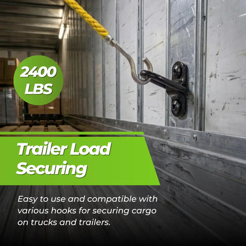 Lock Down Your Rig With 10 Piece 1/4 Inch Steel D Ring Tie Down Anchors 2400 Lbs Heavy Duty Muscle Surface Mount Lashing Hooks To Secure Truck Bed Trailer Van Atv And Boat Cargo Through Rough Terrain Finished In Black, showing trailer load securing with a hook and steel mount.