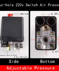 Side and bottom view of upgraded replacement pressure switch for air compressor 90 120 PSI 240V 4 way control valve.