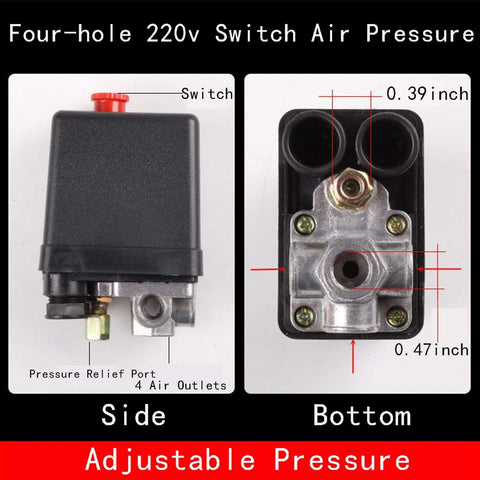 Side and bottom view of upgraded replacement pressure switch for air compressor 90 120 PSI 240V 4 way control valve.