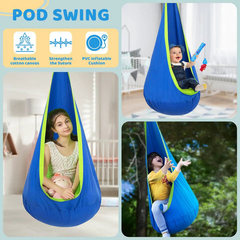 Children using a blue sensory pod swing indoors and outdoors, part of a Heavy Duty Indoor Outdoor Swing Frame With Sensory Pod Swing And Hammock Chair Stand For Adults X Shaped Steel Base For Stability 330 Lbs Capacity Durable Powder Coated Steel Dope Backyard Play Set.