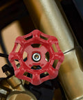 Red gate valve handle on metallic pipe, replacement handwheel for water spigots, globe valves, outdoor faucets, 78mm OD metal handle