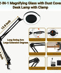 Diagram of 15X Magnifying Glass Desk Lamp With Clamp Real Glass Lens Dust Cover 84 LEDs 5 Color Modes features and dimensions