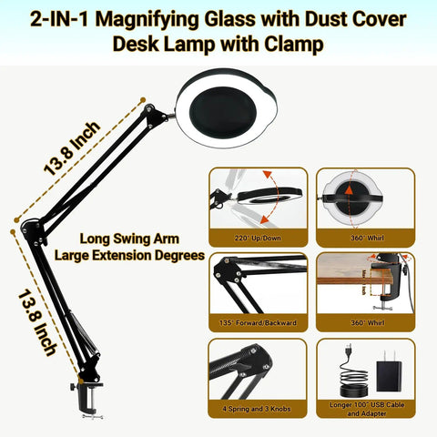 Diagram of 15X Magnifying Glass Desk Lamp With Clamp Real Glass Lens Dust Cover 84 LEDs 5 Color Modes features and dimensions