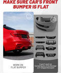 Rear view of red car with flat front bumper, diagrams showing suitability for No Drill Front License Plate Bracket Universal Mount.