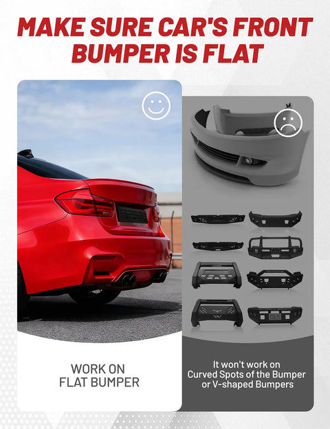 Rear view of red car with flat front bumper, diagrams showing suitability for No Drill Front License Plate Bracket Universal Mount.