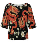 Lightweight Loose Fit Short Sleeve Boat Neck Tee For Women With Soft Breathable Polyester Spandex Blend, Easy Care Casual Top, Dragon Print Blouse Style, Everyday Wear, Comfortable All Day, featuring striking red dragon and floral design on black fabric