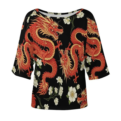 Lightweight Loose Fit Short Sleeve Boat Neck Tee For Women With Soft Breathable Polyester Spandex Blend, Easy Care Casual Top, Dragon Print Blouse Style, Everyday Wear, Comfortable All Day, featuring striking red dragon and floral design on black fabric