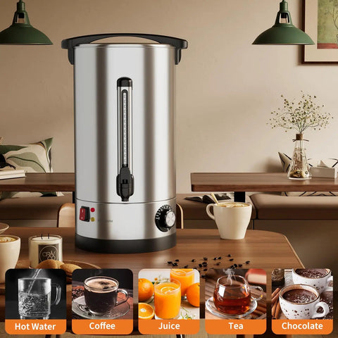 Heavy Hitter Double Wall Stainless Steel Coffee Urn Commercial Hot Beverage Dispenser Holds 110 Cups on a wooden table.