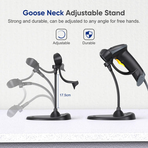 Handheld 2D Barcode Scanner With Gooseneck Stand USB Wired QR Code Reader For PC POS System showcasing adjustable stand.