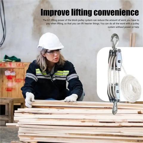Rope Pulley Hoist System With Six To One Lifting Power And 2200 Pounds Breaking Strength Wooden Handle Construction For Built Tough Durable And Sleek Home Garage And Workshop Upgrades lifting wood boards in workshop