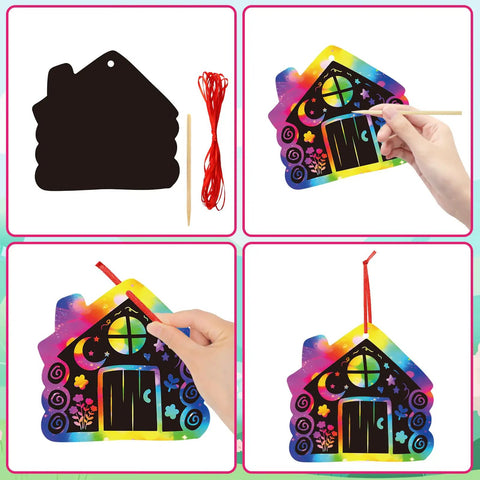 Camping Scratch Card Kit 24 Pack For Outdoor Parties 12 Unique Designs Revealing Rainbow Colors, wooden stick, red string