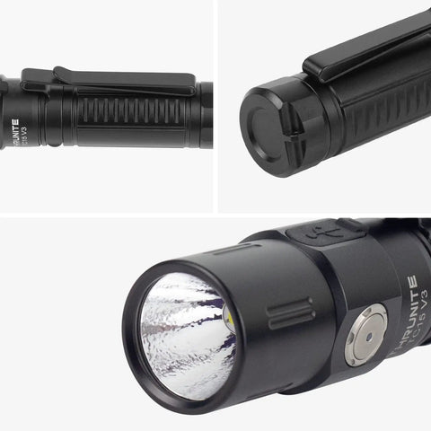 UltraBright USB C Rechargeable Handheld Flashlight With XHP35.2 LED High Lumen Output in black finish with USB port and clip