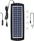 Portable 12V Solar Battery Trickle Charger And Maintainer Kit With Four Watt Panel For Cars RVs Boats Trucks Motorcycles Trailers Farm Equipment No Fuss Easy Setup Keeps Your Battery Top Off All Year Long, showing solar panel and accessories.