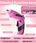 Girl Friendly 40 Piece Drill Set With Pink Cordless Drill And Tool Box Beginner Friendly Home DIY Kit with detailed function keys