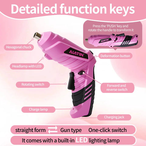 Girl Friendly 40 Piece Drill Set With Pink Cordless Drill And Tool Box Beginner Friendly Home DIY Kit with detailed function keys