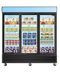 Heavy Duty 70 Cubic Foot Commercial Freezer With Swinging Glass Doors And Led Top Panel, displaying frozen food items.