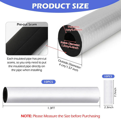 Ten Pack Self-Adhesive Pipe Insulation Sleeve With Pre-Slit Foam And Aluminum Foil Cover For Winter Use size guide