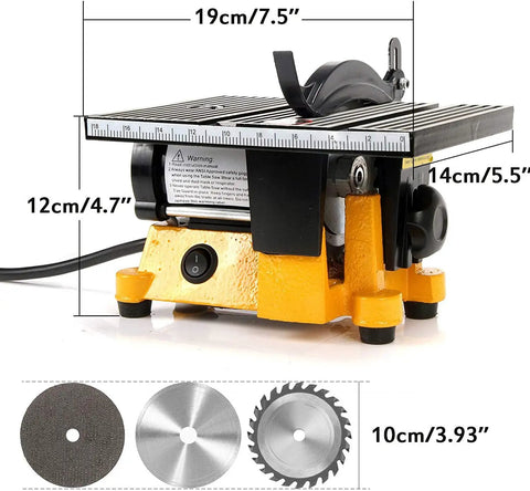 4 Inch 60W Mini Electric Table Saw For Bench Top DIY Projects Includes Two Circular Blades showing measurements