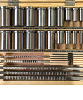 Keyway Broach Set 30 Pcs HSS Inch Industrial Lathe Tools arranged in a wooden box showing different sizes and bushings