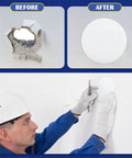 Six Pack Ceiling Hole Cover Plates With Forty Eight Double Sided Adhesive Tapes White 5 Inch Plastic Blank Covers For Ceilings Or Walls Quick No Mess Install Durable Wall Hole Plugs Kit showing before and after installation.