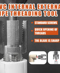 2 Piece Pipe Threader Kit With One Half And Three Quarter Inch Dies Electric Drill Compatible Internal External Threading Tool For PVC Copper Fittings Home Repair Plumbing DIY Projects close-up of sharp blade and threading tool for efficient pipe work.