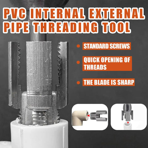 2 Piece Pipe Threader Kit With One Half And Three Quarter Inch Dies Electric Drill Compatible Internal External Threading Tool For PVC Copper Fittings Home Repair Plumbing DIY Projects close-up of sharp blade and threading tool for efficient pipe work.